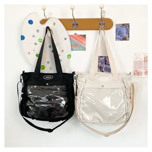 Japanese style cute ita canvas tote bag with clear window and ruffles for daily use.
