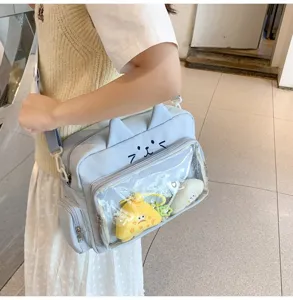 Detail shot of light blue cat ita bag with transparent display window and cute plush charms.