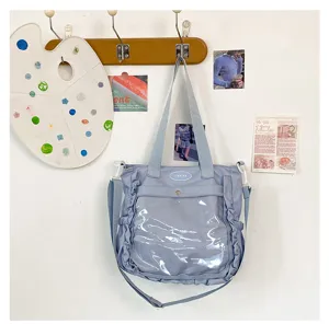 Cute Japanese style ita bag light blue crossbody tote with clear front window and ruffles.
