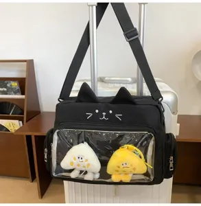 Cute black cat ita bag with transparent window, crossbody shoulder bag for daily use.