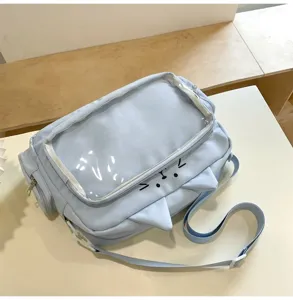 Cute light blue cat ita bag with clear window and shoulder strap for daily JK and anime fans.