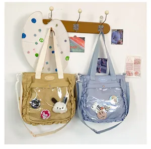 Canvas ita bag with transparent window, cute Japanese style crossbody bag for pins and badges