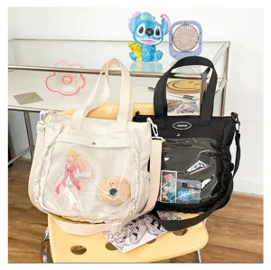 Cute Japanese anime ita bag canvas transparent crossbody shoulder bag for daily casual use.