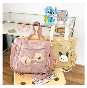 Cute Japanese style clear ita canvas tote shoulder bag with plush toys for anime fans daily
