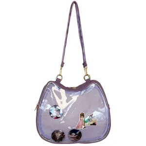 Cute cat ita bag transparent detail view, clear display window for pins and badges.