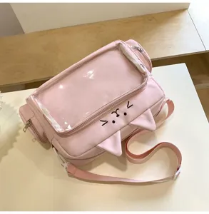 Pink cat ear ita bag transparent window crossbody purse cute Japanese JK shoulder bag for girls
