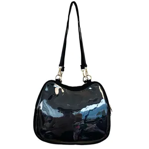 Cat ear shaped clear window ita bag detail, glossy finish with black straps and gold hardware.