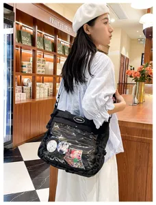 Japanese style anime ita bag with clear window, black canvas cross body shoulder bag for women.