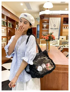 Japanese style anime ita bag black canvas transparent window shoulder bag for cute girls daily use.