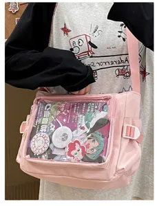 Japanese style transparent canvas ita bag pink messenger bag for anime fans and students daily