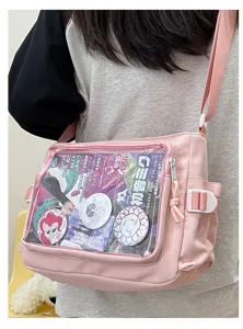 Japanese style transparent canvas ita bag single shoulder messenger bag for anime fans pink
