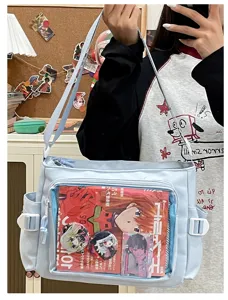 Canvas ita bag with transparent window for anime badges, pins and collectibles display.