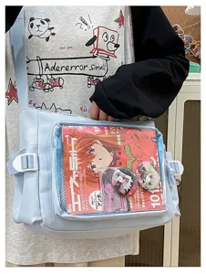 Japanese style clear canvas shoulder bag ita bag with transparent front pocket for anime pins.