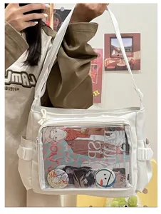 Japanese white canvas ita bag with clear window for anime merch and pins casual shoulder bag.