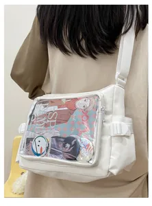 White canvas ita bag with clear window, anime design shoulder messenger bag for daily use.