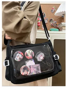 Japanese style ita bag canvas shoulder bag with clear PVC pocket for anime pins badges.