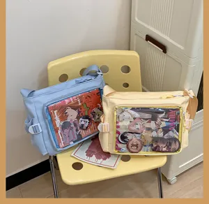 Canvas ita bag with transparent front window, casual shoulder crossbody bag for daily use.