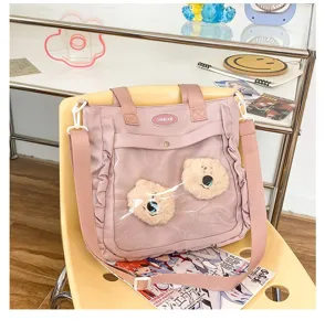 Kawaii pink ita bag cute anime canvas shoulder bag clear window with plush bears sweet style daily use