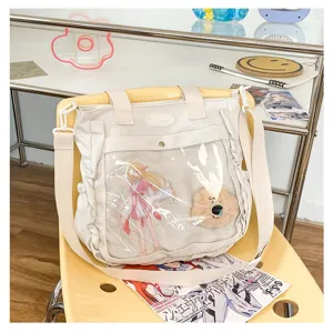 Kawaii anime ita bag canvas tote clear front pocket shoulder crossbody bag for women teens