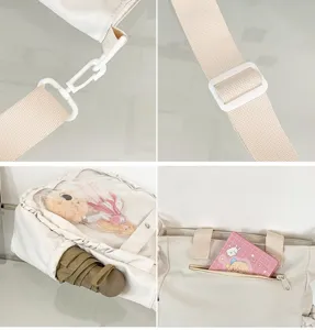 Detailed view of cute Japanese ita bag canvas tote showing adjustable straps and pockets.