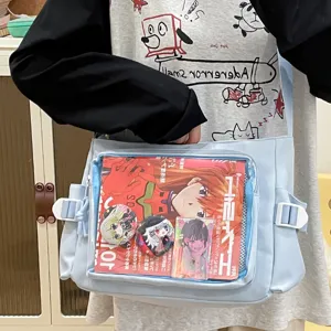 Japanese style transparent canvas pain bag single shoulder crossbody bag with badge window.