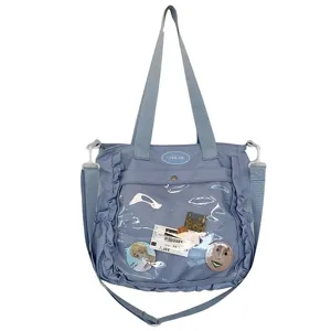Cute Japanese style clear ita bag tote with pins, blue canvas crossbody shoulder bag.