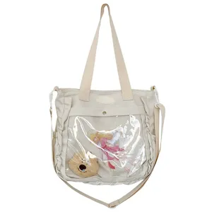 Japanese anime ita bag canvas tote shoulder bag with clear front pocket for pins and plushies.