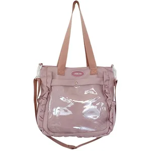 Detailed view of pink Japanese style Ita bag with transparent front pocket and cute ruffles.