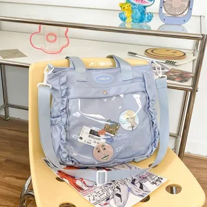 Light blue ita bag cute ruffles transparent pocket canvas shoulder bag casual daypack