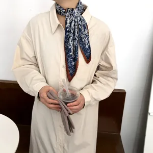 Korean style pleated paisley silk scarf, elegant blue and white neckerchief for women.