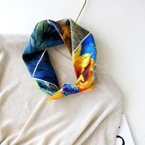 Classic art print silk scarf featuring famous painting designs, elegant neck accessory for women.