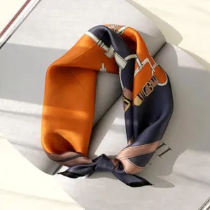 Women Mulberry Silk Scarf Retro Belt Chain Horsebit Print Square Scarf Luxury Soft Neck Head Scarf Fashion Silk Kerchief Gift
