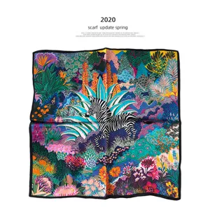 Luxury silk square scarf featuring vibrant jungle floral and zebra print design for women.