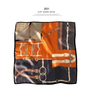 Elegant women's square silk scarf featuring luxury equestrian belt print for daily wear.