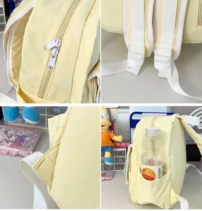 Backpack zipper strap side pocket detail close-up, small cute school bag features view