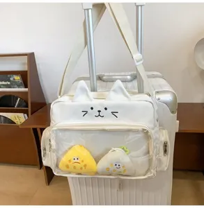 Cute white cat ear ita bag with transparent window, perfect for JK style and daily student wear.