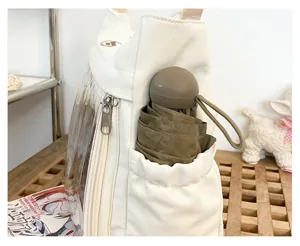 Sac ita en toile mignon style japonais, vue détaillée avec fenêtre transparente et grand volume.