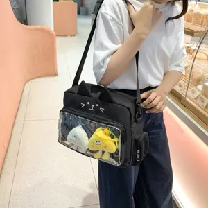 Black Cat Ita Bag with Clear Window Crossbody Canvas Bag Cute Anime JK Shoulder Bag