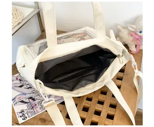 Gros plan détaillé du sac ita transparent blanc montrant la doublure et la poche zippée.