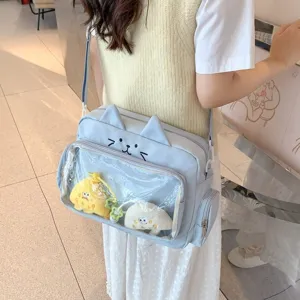 Cute blue cat ear ita bag with clear window for anime pins and plushies crossbody bag