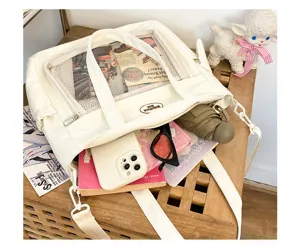 Sac cabas en toile grande capacité mignon style japonais avec fenêtre transparente pour étudiant