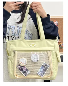 Sac cabas fourre-tout kawaii grande capacité en toile avec poche transparente pour femme