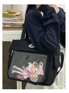 Sac bandoulière style japonais grande capacité toile noire avec poche transparente.