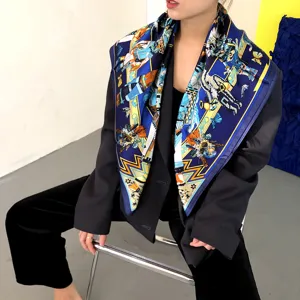 Luxury blue silk square scarf with elegant equestrian print, premium shawl for women.
