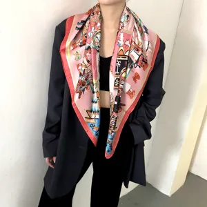 Luxury mulberry silk square scarf for women, elegant equestrian printed design shawl.