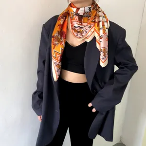 Silk scarf square detail shot, orange vintage print luxury style mulberry silk neck wrap