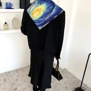 Stary starry night silk scarf tied on black blazer, premium art print decorative neck scarf for women.