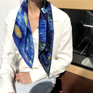 Starry sky silk scarf detail, artistic oil painting print square scarf for women's elegant decor.