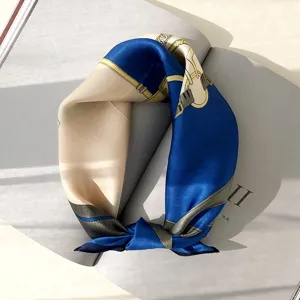 Luxury silk scarf for women, elegant blue and beige neck scarf with classic belt print design.