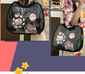 Transparent cat ita bag for anime fans, clear PVC crossbody shoulder bag for pins and badges.